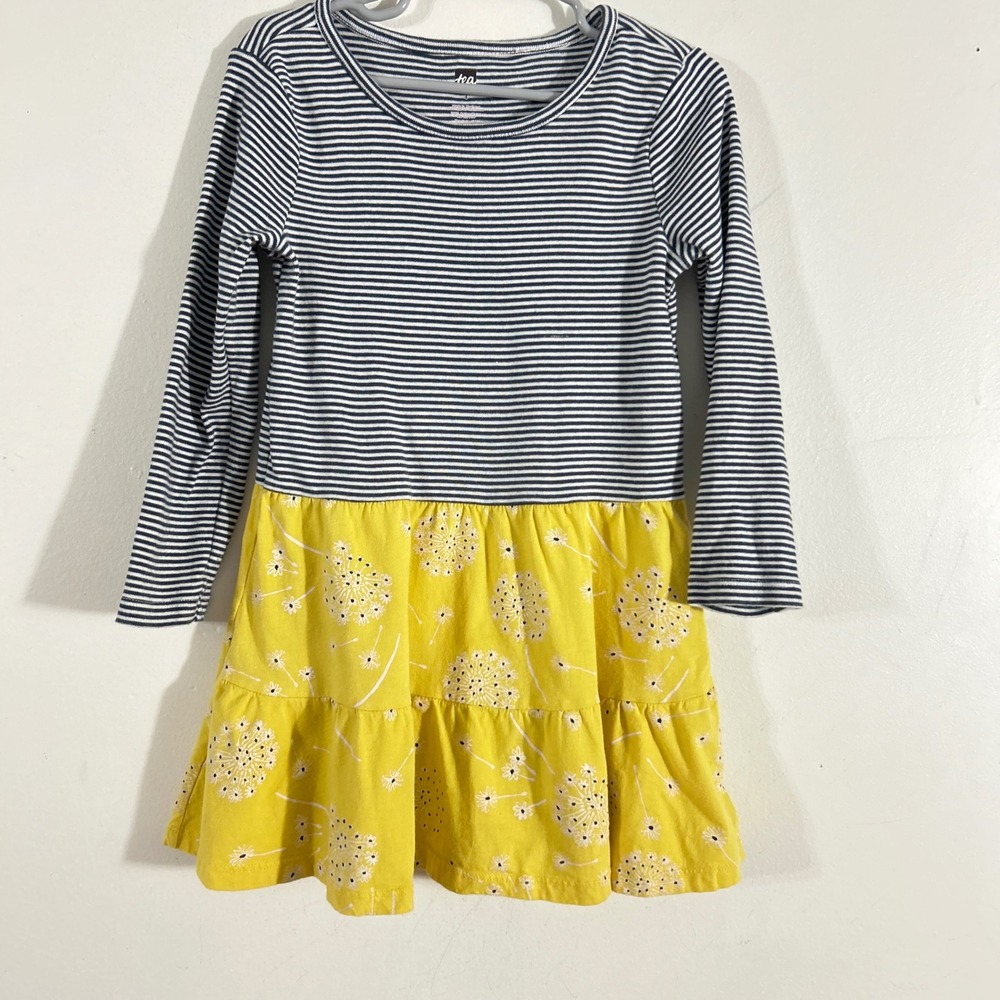Tea Collection Tiered Dress Kids 4 Navy Yellow Striped Floral Dandelion